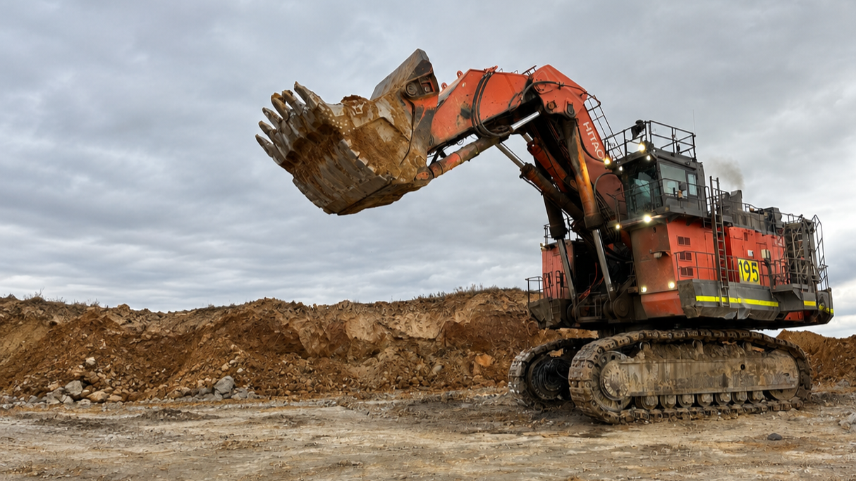 Hydraulic mining shovel with its bucket raised against a cloudy sky